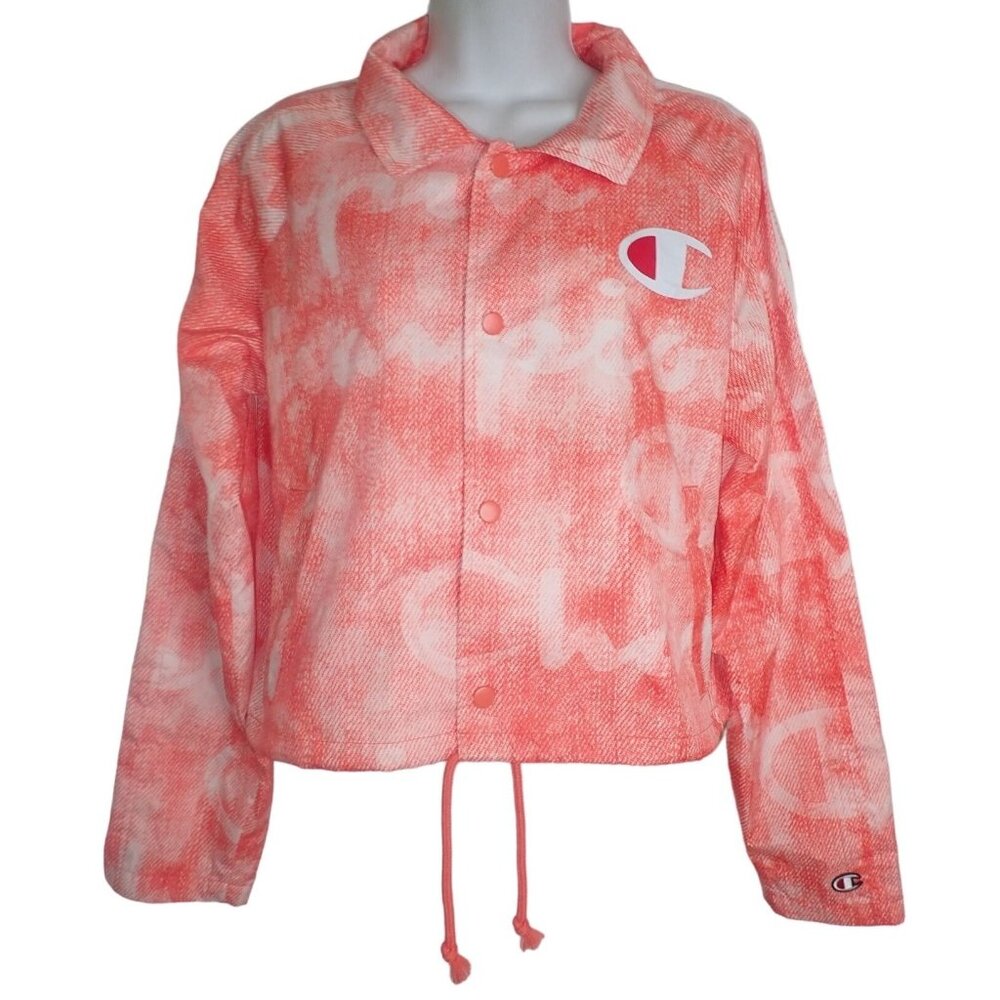 Champion Women's Orange & White Snap-Button Jacket Windbreaker Women‎ M Spellout